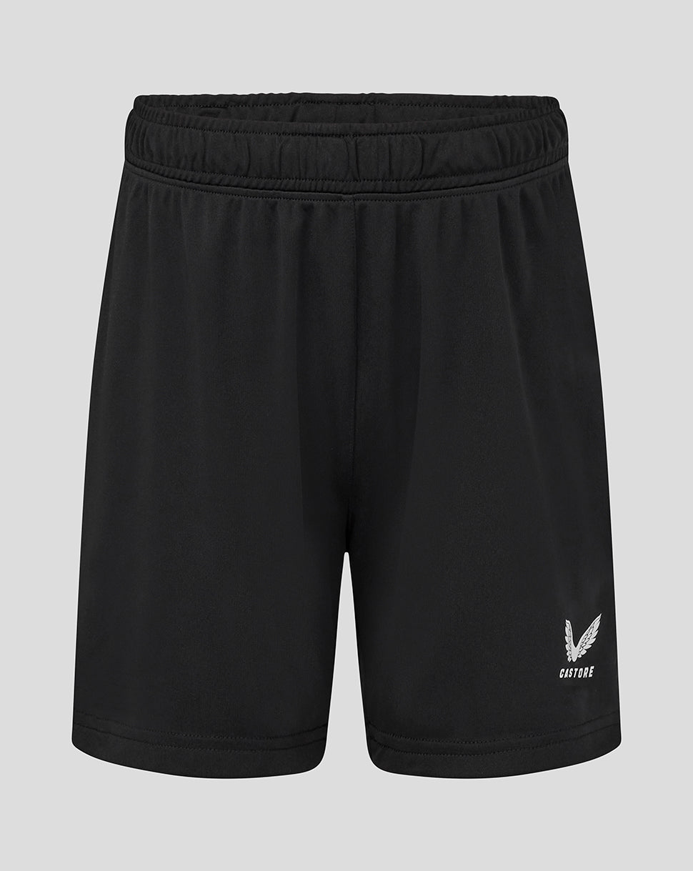 Leicester Tigers junior training shorts in black with small white wing Castore logo on the leg