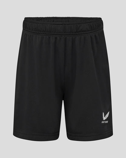 Leicester Tigers junior training shorts in black with small white wing Castore logo on the leg