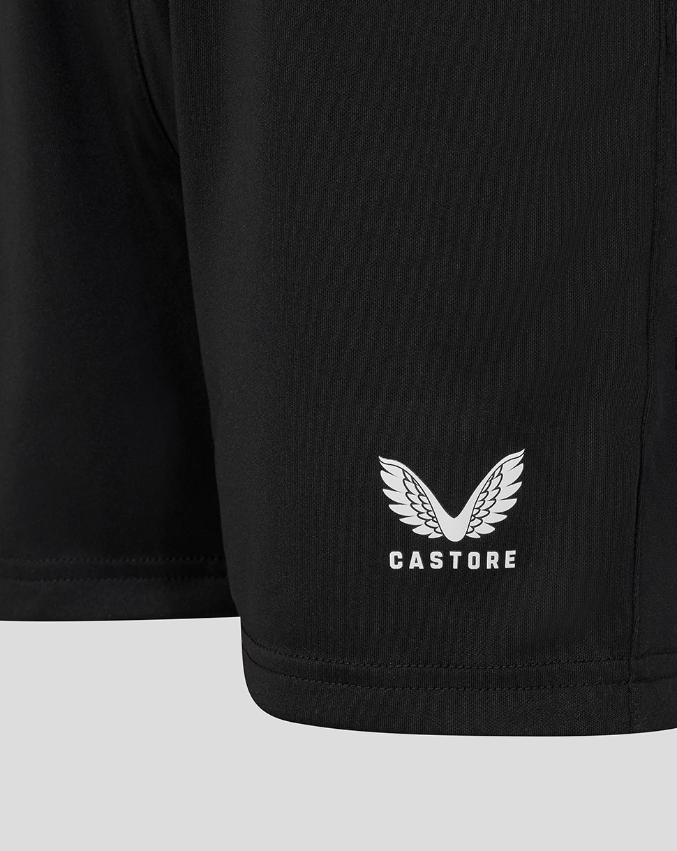 Black Leicester Tigers junior training shorts with white Castore wing logo at the hem.