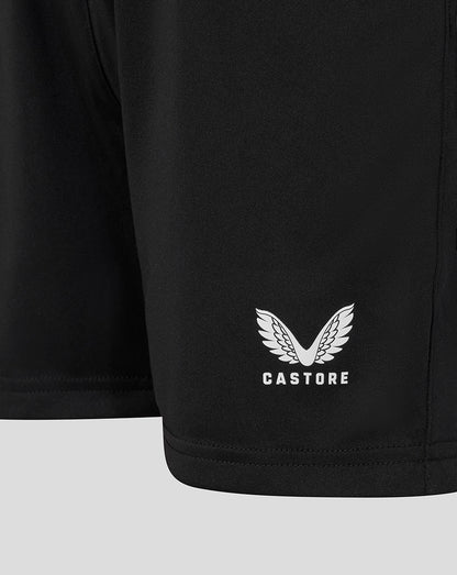 Black Leicester Tigers junior training shorts with white Castore wing logo at the hem.