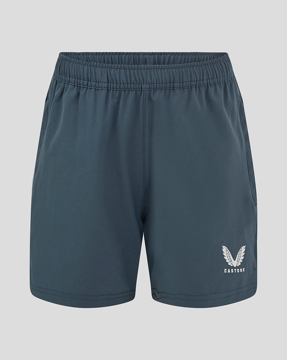 Dark slate woven training shorts with elastic waistband and Castore logo on the lower leg.