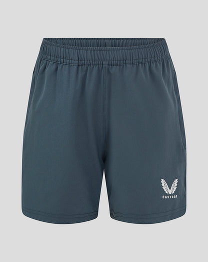 Dark slate woven training shorts with elastic waistband and Castore logo on the lower leg.