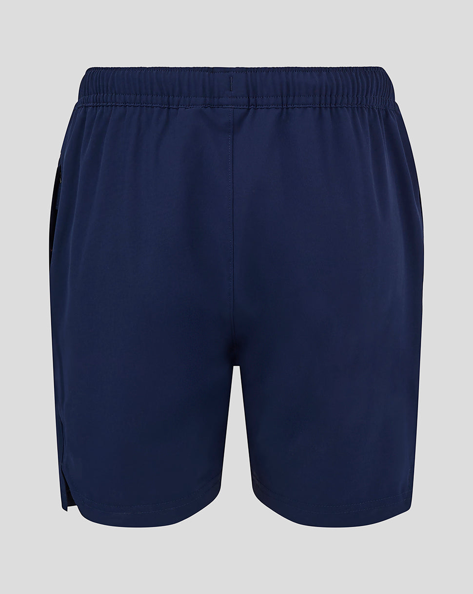Back view of navy woven Junior Training Shorts with elastic waistband