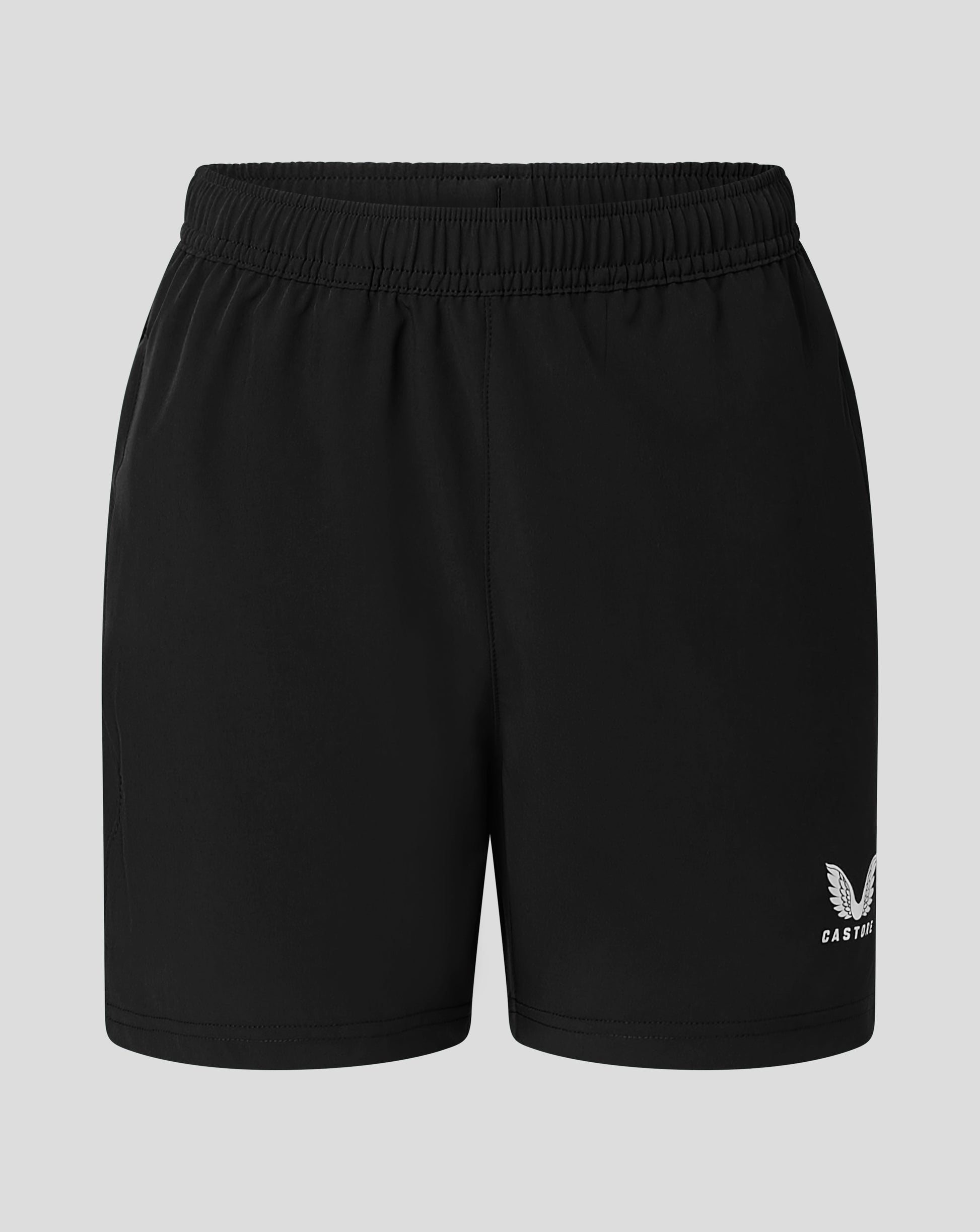 Back view of black junior woven training short with elastic waistband and Castore logo at the lower right