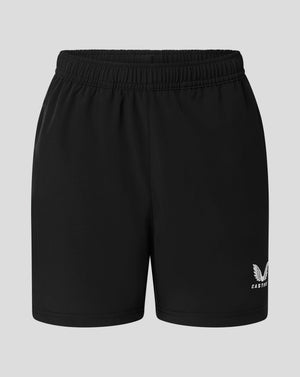 Back view of black junior woven training short with elastic waistband and Castore logo at the lower right