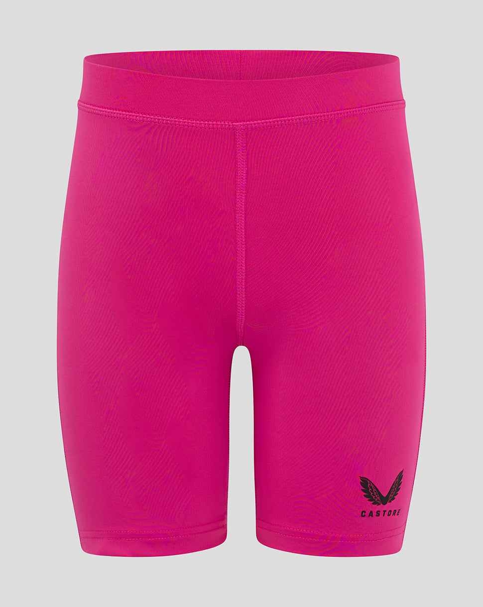 Front view of bright pink Junior Baselayer Short with folded waistband and heat sealed Castore logo