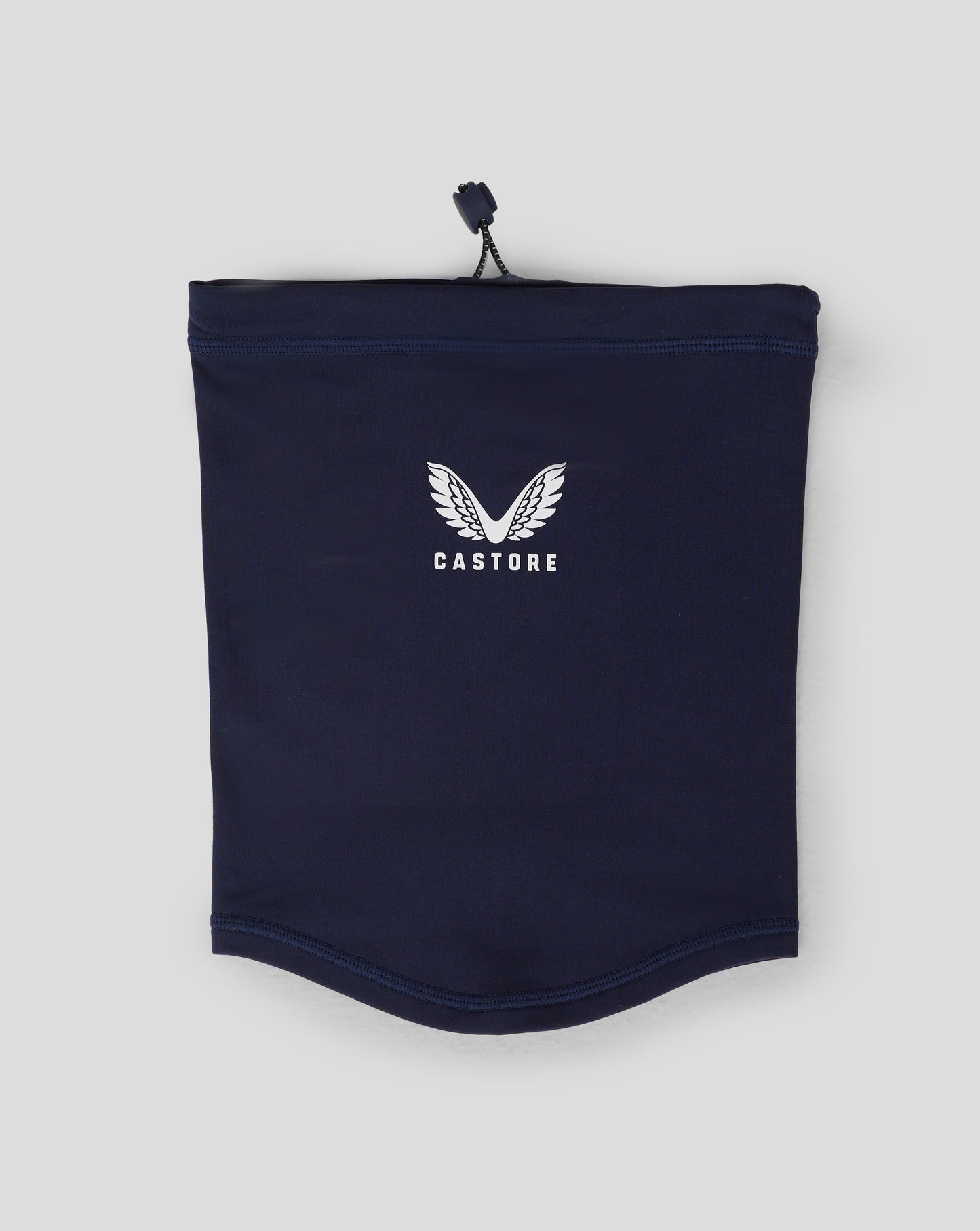 Close up of navy Junior Performance Snood pouch top with drawcord and toggle
