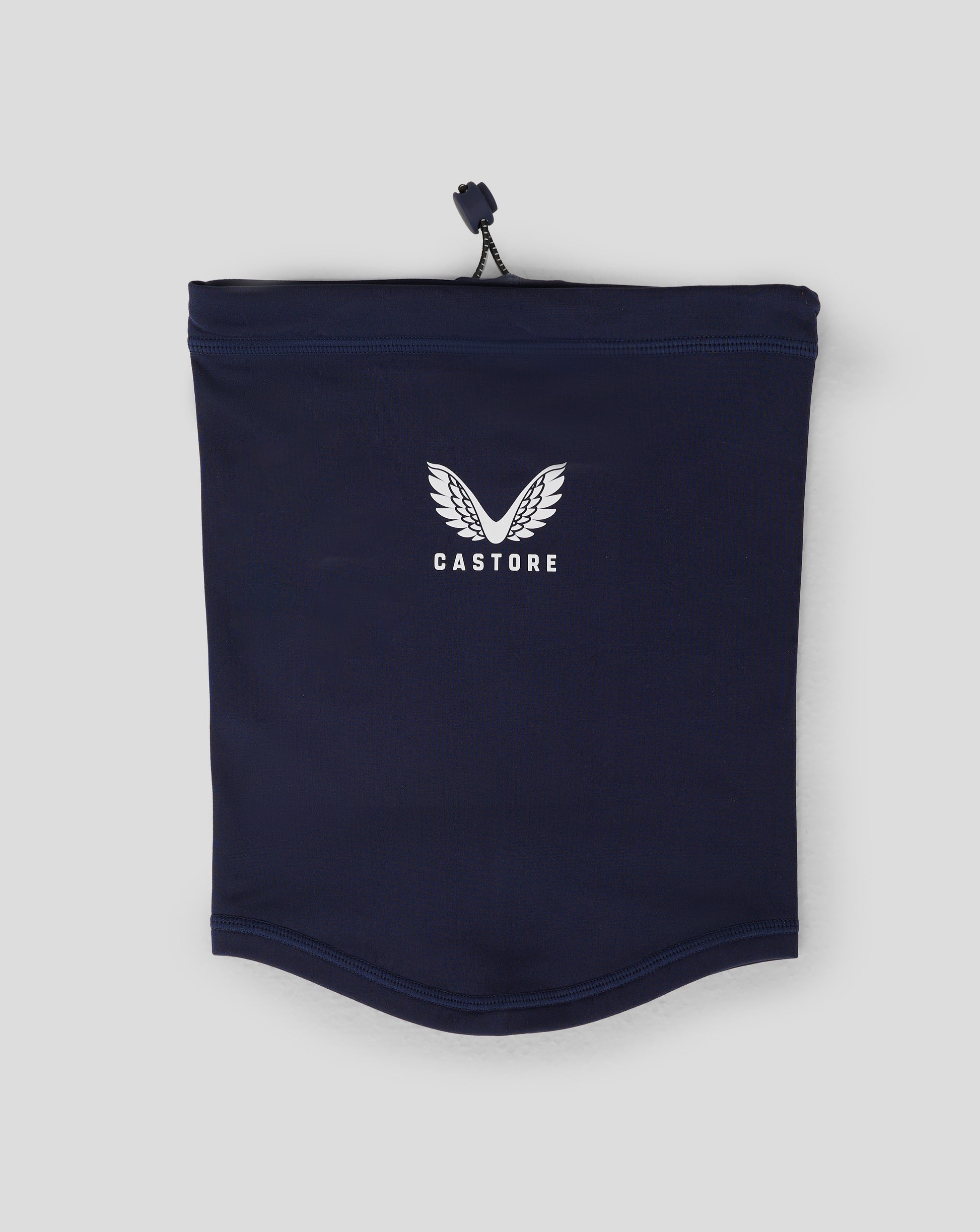 Close up of navy Junior Performance Snood pouch top with drawcord and toggle