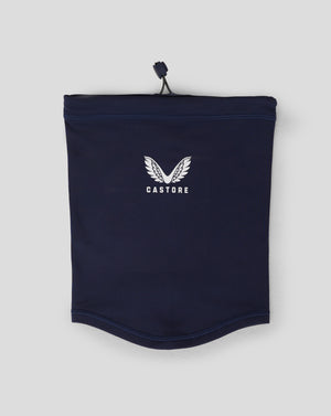 Close up of navy Junior Performance Snood pouch top with drawcord and toggle
