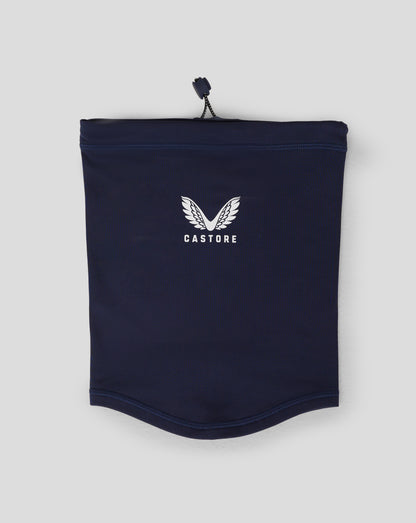 Close up of navy Junior Performance Snood pouch top with drawcord and toggle