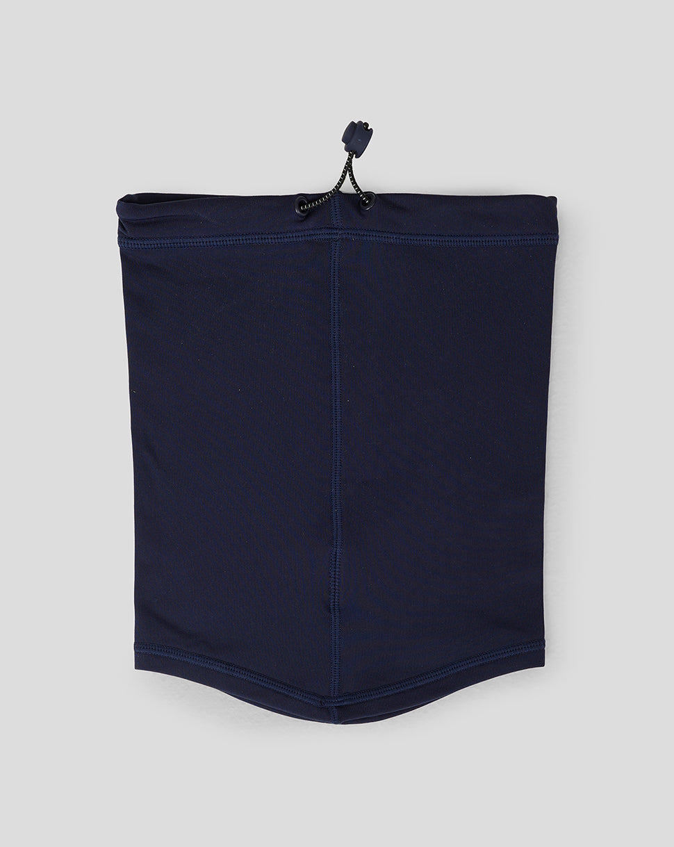 Front view of navy Junior Performance Snood pouch with white Castore logo