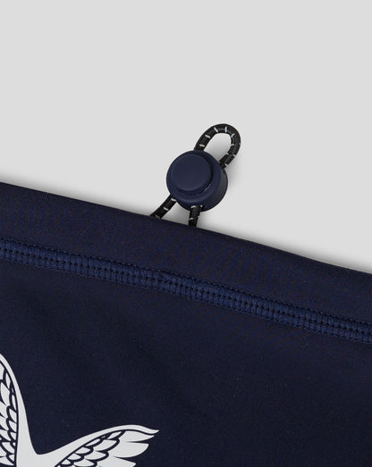 Rear view of navy Junior Performance Snood pouch with drawcord and curved hem