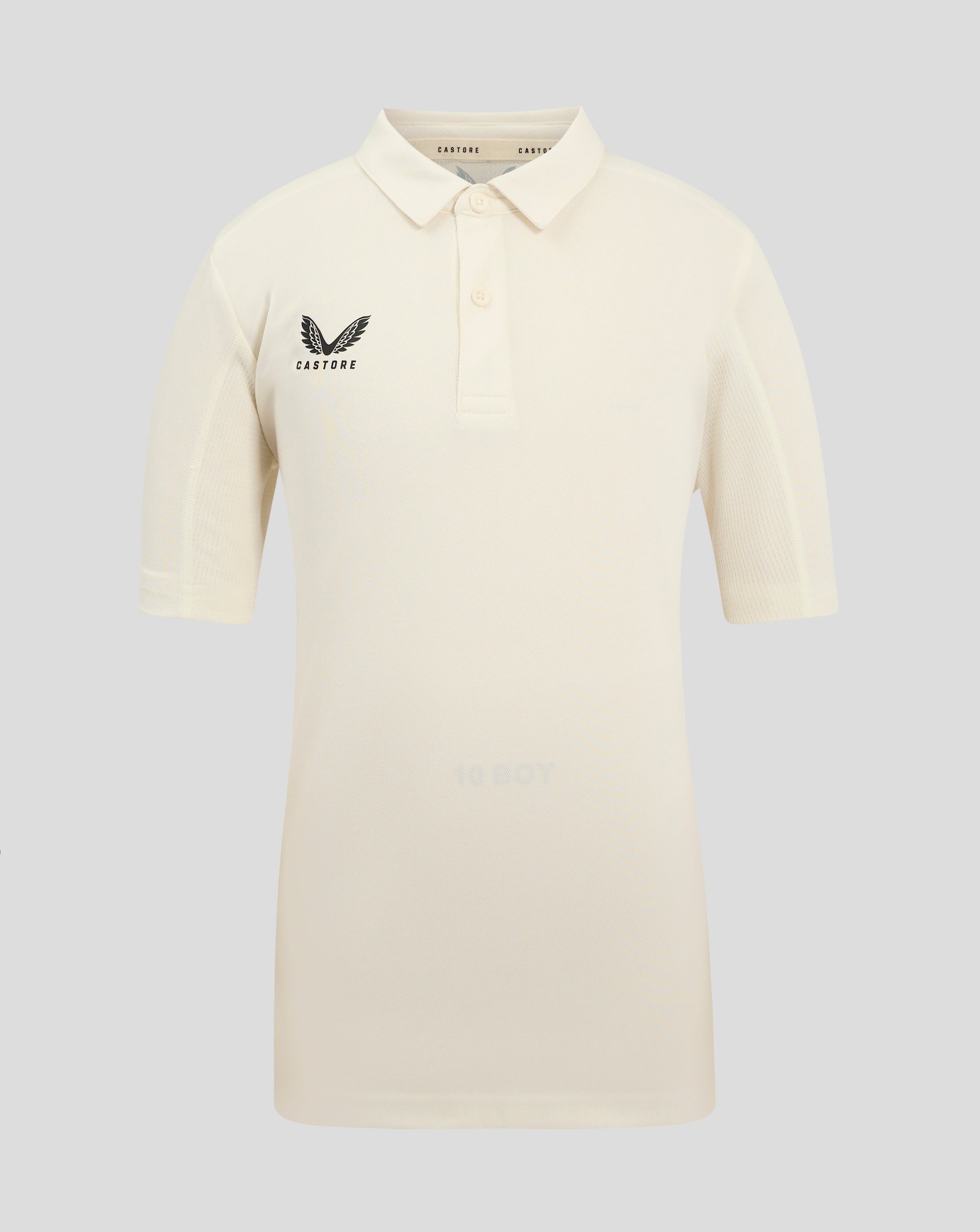 Cannoli Cream junior cricket playing shirt with polo collar and three button placket featuring Castore wing logo on left chest