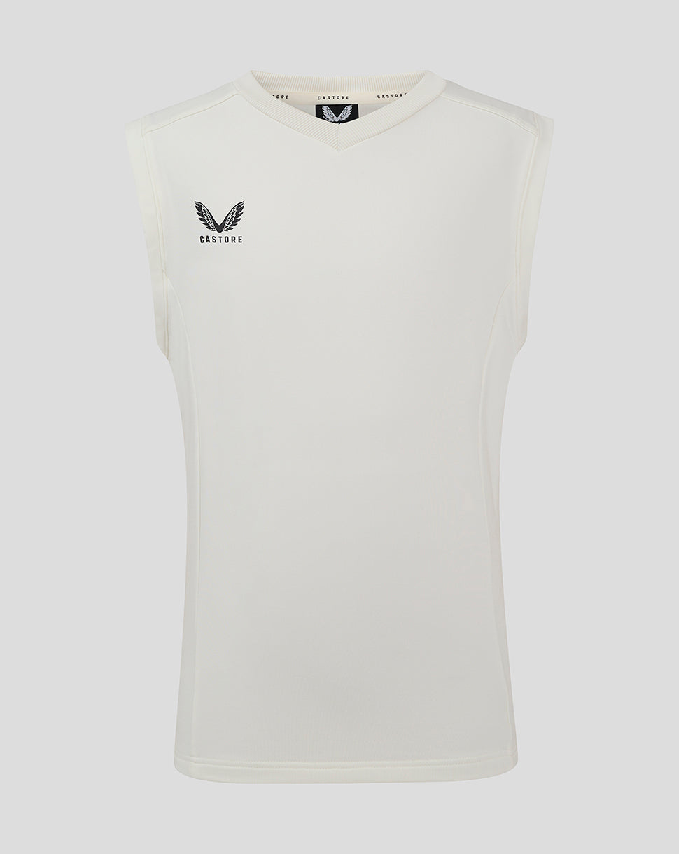 Front view of Cannoli Cream junior cricket vest, sleeveless cream top with Castore logo on the left chest.