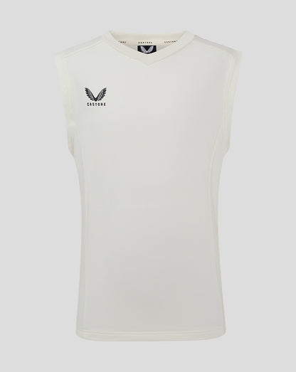 Front view of Cannoli Cream junior cricket vest, sleeveless cream top with Castore logo on the left chest.