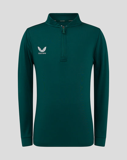 Teal botanical garden quarter zip pullover with a stand collar and left chest logo.