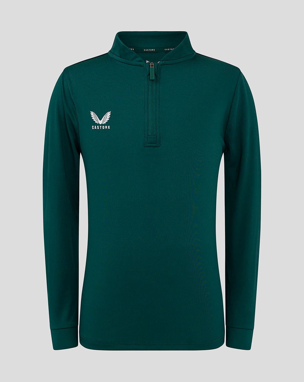 Green teal bomber neck 1/4 zip top with a wing logo on the chest.