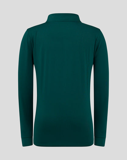 Back view of teal bomber neck 1/4 zip top with long sleeves
