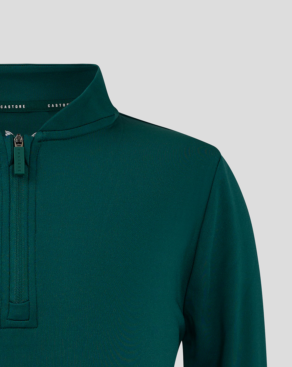 Teal bomber neck 1/4 zip front view with front zipper and Castore branded zipper pull