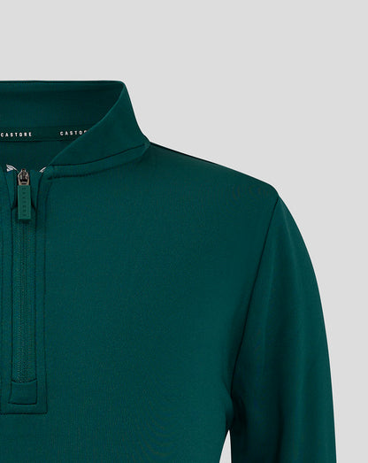 Close up of zipper placket on teal bomber neck 1/4 zip with Castore branding along zipper