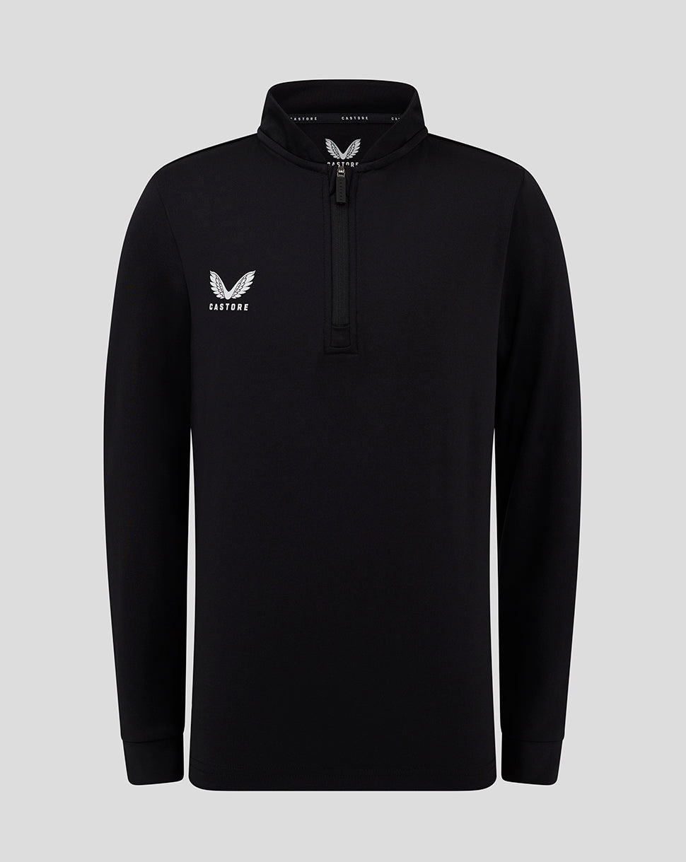 Black bomber neck 1/4 zip with a white wing Castore logo on the chest