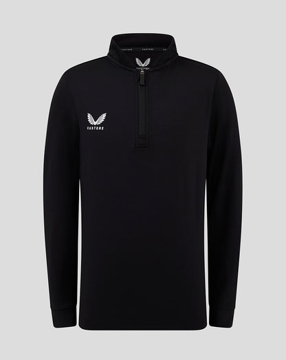 Black bomber neck 1/4 zip with a white wing Castore logo on the chest
