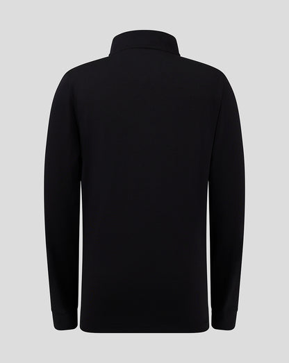 Back view of black bomber jacket with clean silhouette and high collar