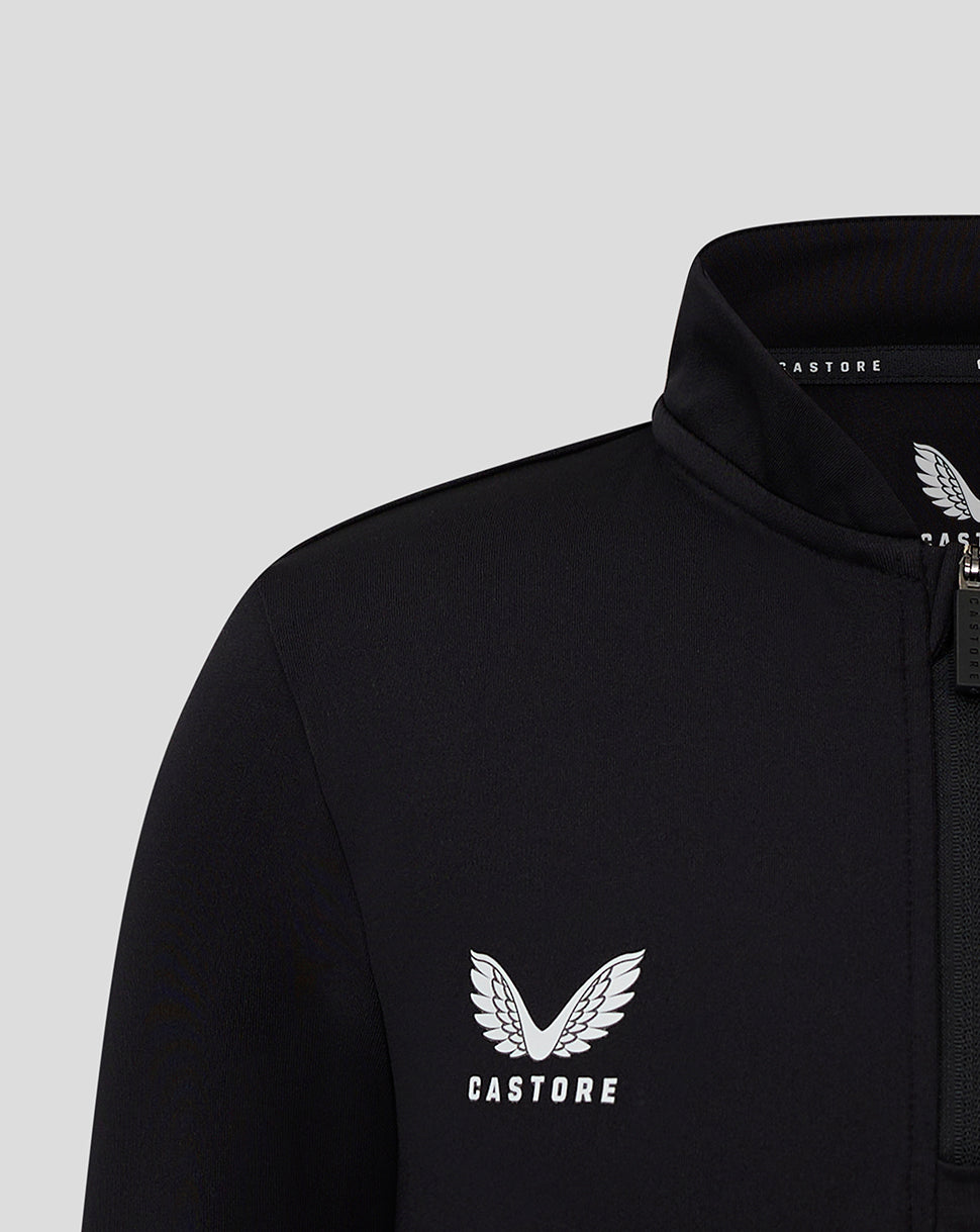 Close up of the black bomber neck 1/4 zip showing the Castore chest logo and zipper