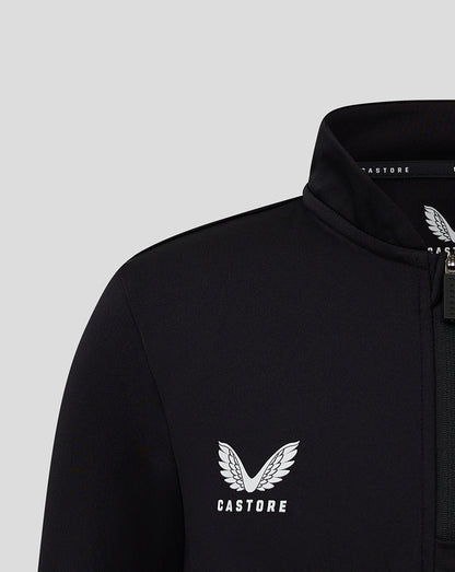 Close up of the black bomber neck 1/4 zip showing the Castore chest logo and zipper