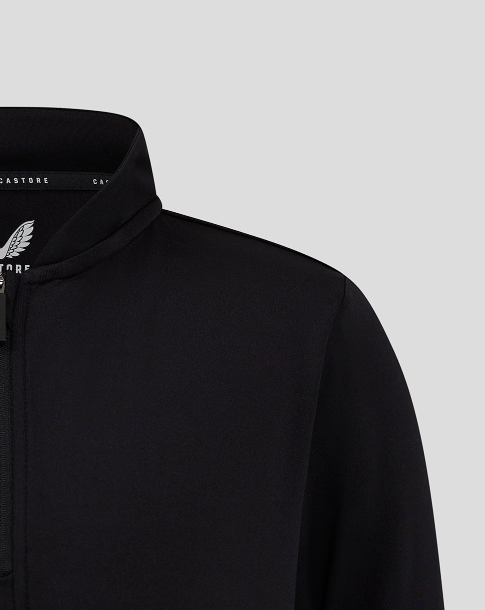 Close up of black Bomber Neck 1/4 Zip collar highlighting zipper and fabric texture