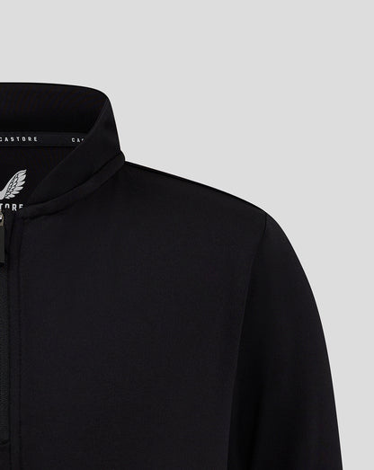 Close up of black Bomber Neck 1/4 Zip collar highlighting zipper and fabric texture