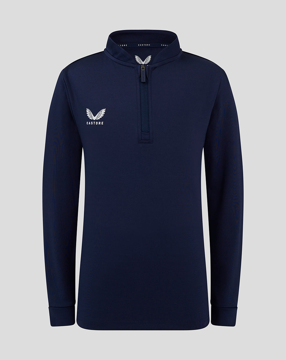 Navy bomber neck long sleeve with quarter zip and standing collar featuring a white wing logo and Castore branding on the chest