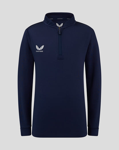 Navy bomber neck long sleeve with quarter zip and standing collar featuring a white wing logo and Castore branding on the chest