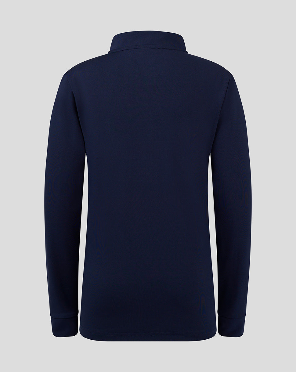 Back view of a peacoat navy bomber neck long sleeve top