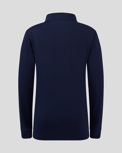 Back view of a peacoat navy bomber neck long sleeve top