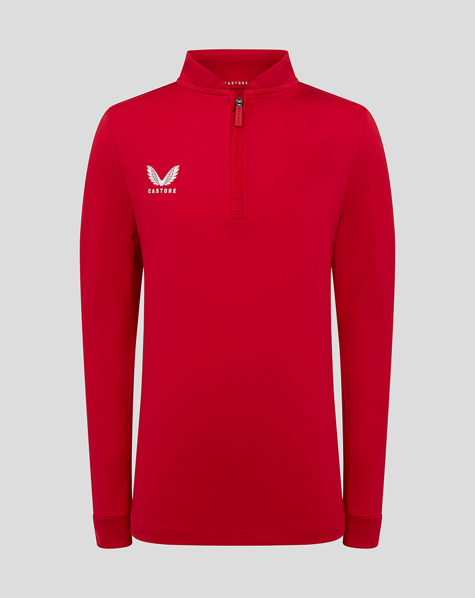 Bright red bomber neck quarter zip pullover with white logo on the left chest
