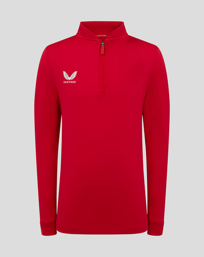 Bright red bomber neck quarter zip pullover with white logo on the left chest