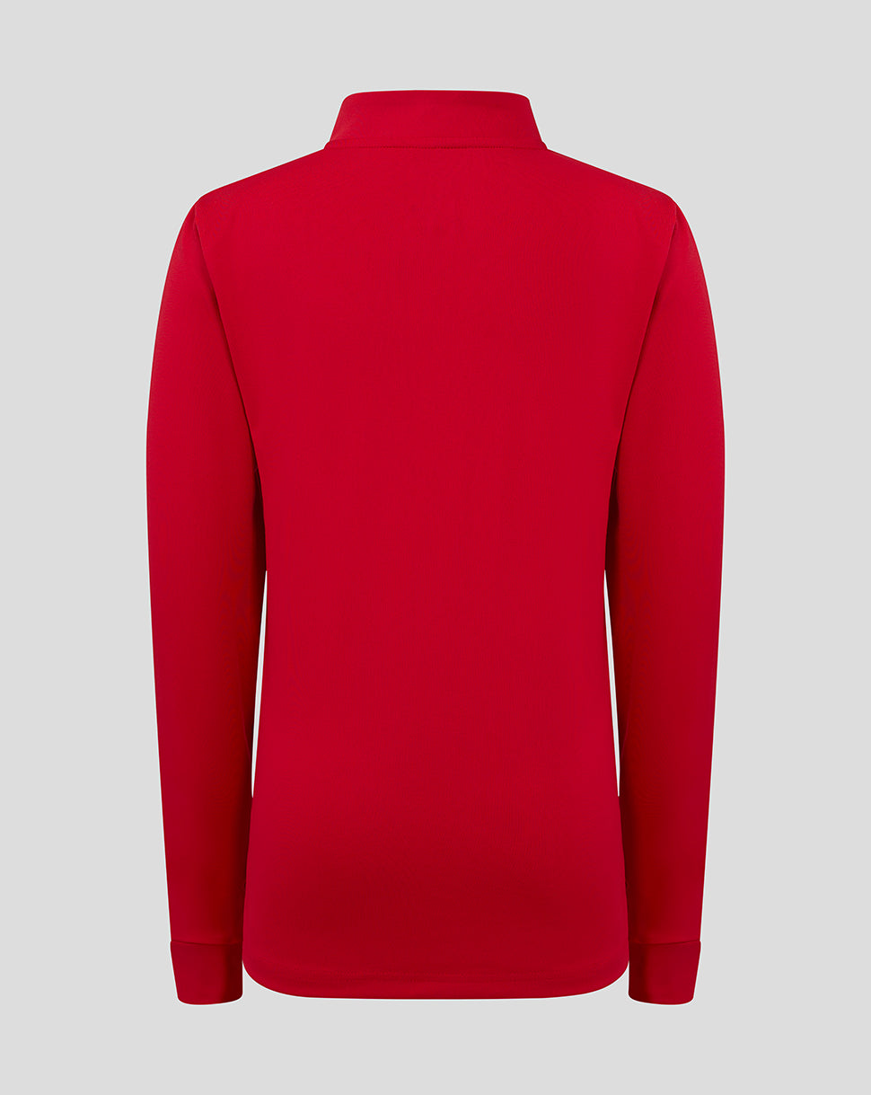 Back view of a red bomber neck jacket with long sleeves and a clean hem.