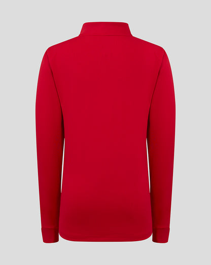Back view of a red bomber neck jacket with long sleeves and a clean hem.