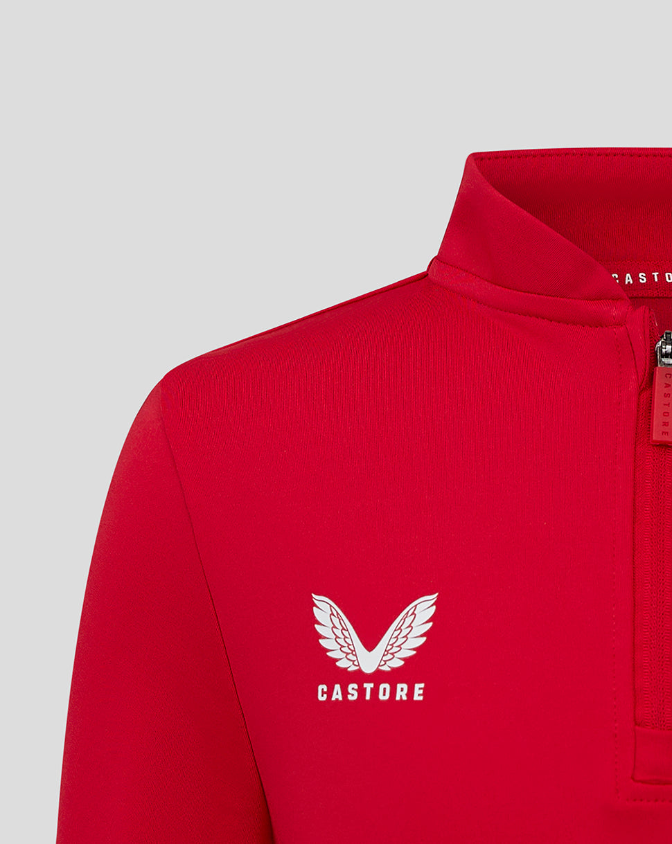 Close-up of red bomber neck pullover highlighting zipper and logo on the chest