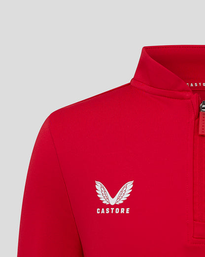 Close-up of red bomber neck pullover highlighting zipper and logo on the chest