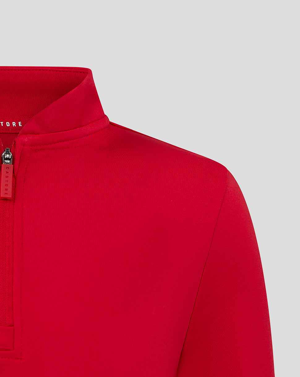 Close up of a bright red bomber neck jacket with a zip and high collar.