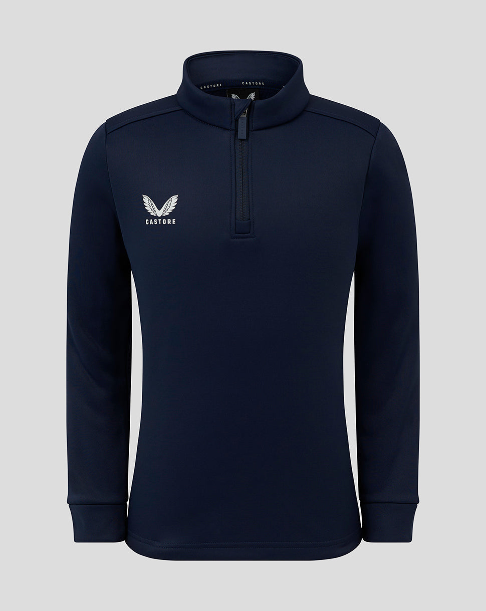 Front view of navy Junior Fleece Lined 1/4 Zip with funnel neck and Castore logo on left chest