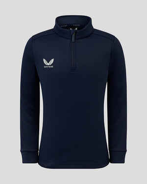 Front view of navy Junior Fleece Lined 1/4 Zip with funnel neck and Castore logo on left chest