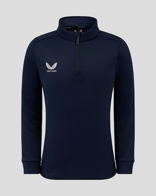 Front view of navy Junior Fleece Lined 1/4 Zip with funnel neck and Castore logo on left chest