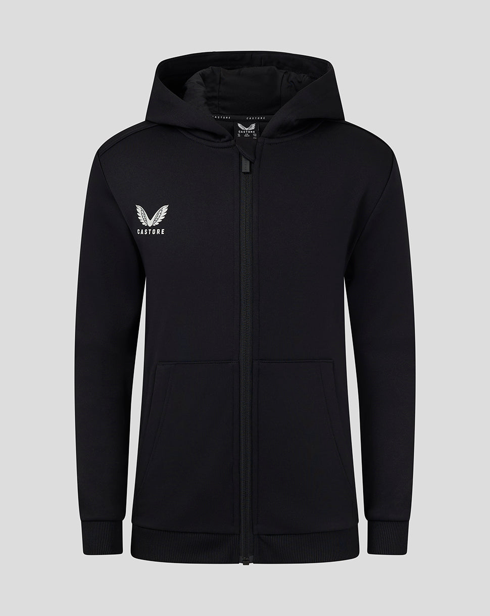Front view of black junior full zip hoodie with hood kangaroo pockets and Castore logo on the chest
