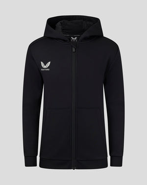 Front view of black junior full zip hoodie with hood kangaroo pockets and Castore logo on the chest