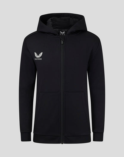Front view of black junior full zip hoodie with hood kangaroo pockets and Castore logo on the chest