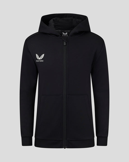 Front view of black junior full zip hoodie with hood kangaroo pockets and Castore logo on the chest