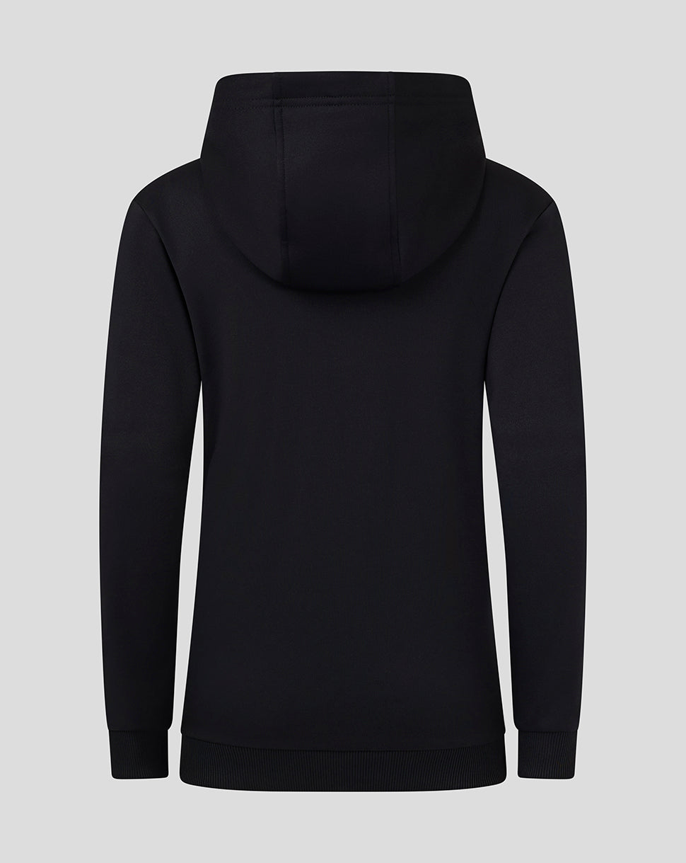 Back view of black junior full zip hoodie with hood and clean silhouette
